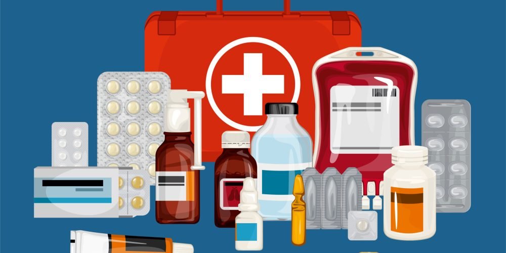 Healthcare medications flat background demonstrated blisters of pills flacks with drops solution or suspension tubes with ointment vector illustration
