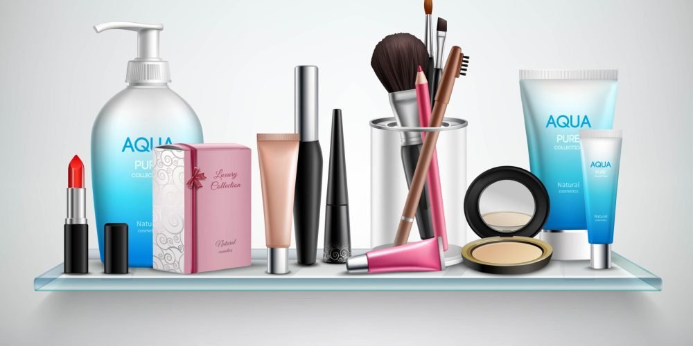 Makeup cosmetics accessories and beauty moisturizing products on bathroom wall glass shelf realistic image poster vector illustration