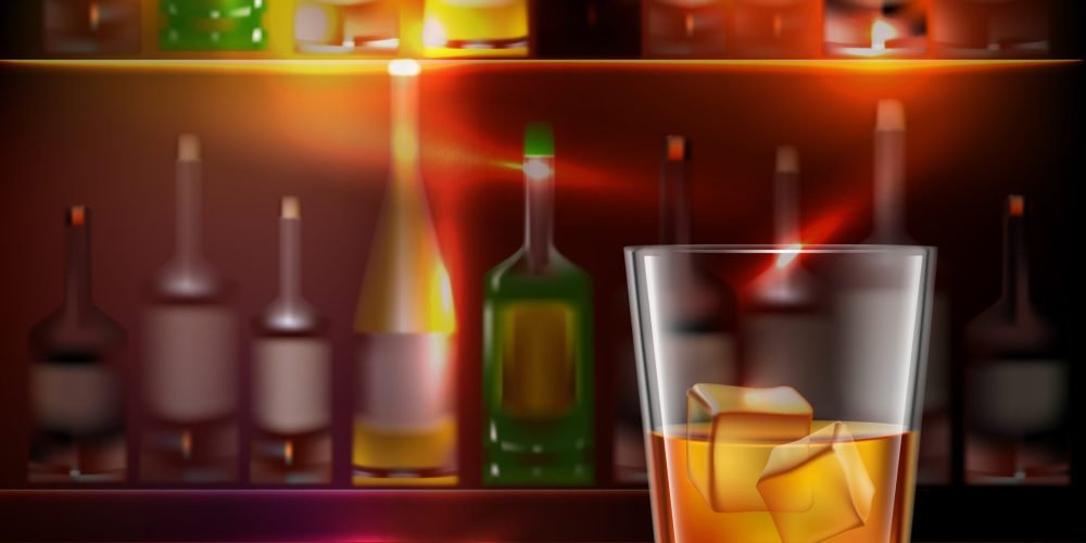 Bar counter realistic background with glass of whiskey in front vector illustration